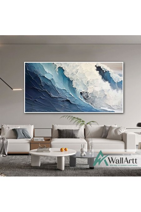 Abstract White Blue Waves 3d Heavy Textured Partial Oil Painting